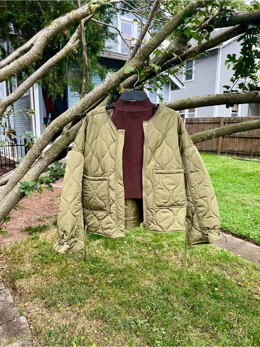 Mod Ref The Kara Quilted Puffer Jacket Olive Green L Large Cropped Oversized